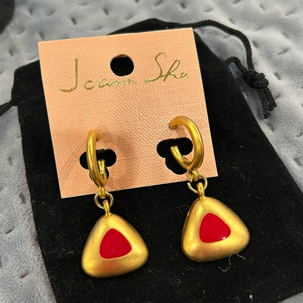 Matte Gold Hoops with Red Enamel Center Charm Earrings-Boutique
